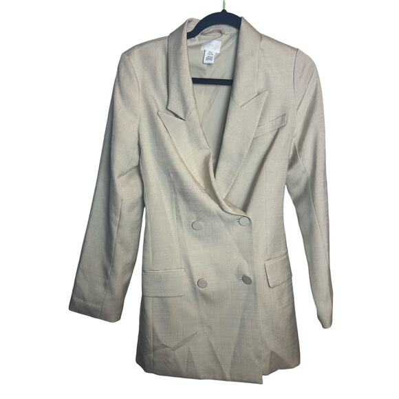 H & M Beige Blazer Size Women XS Double-breasted Long-Line Oversized - Picture 1 of 6